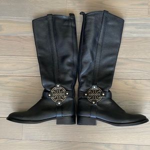 Tory Burch Amanda Black Leather Tall Knee High Logo Riding Boots Size 6.5 M